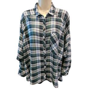 UO Brendan Green Drapey Flannel Christmas Button up shirt slub oversized S plaid
